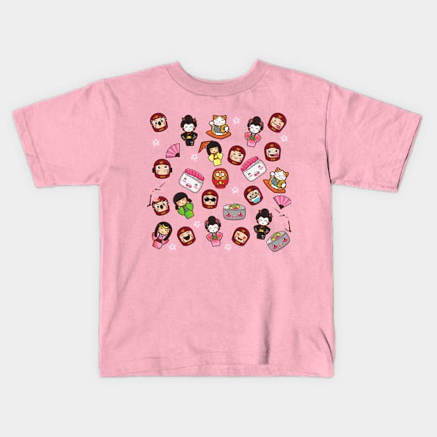 Super Cute Kawaii Japanese Maneki Daruma Sushi Geisha Pattern Kids T-Shirt by OMC Designs